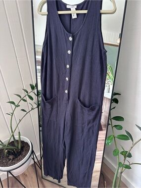 Ces Femme Navy Sleeveless Button-Front Ribbed Jumpsuit